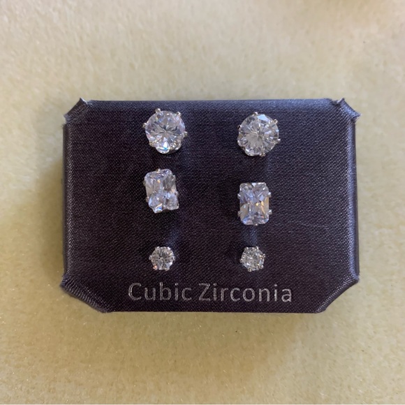 Cubic Zirconia Silver Tone Stud Earrings - Picture 3 of 5